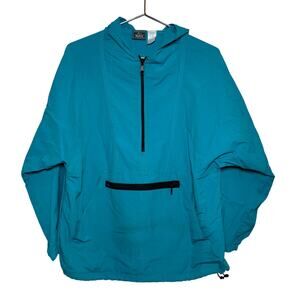 Vtg Woolrich Deep Turquoise Size Medium 1/4 Zip Hooded Pouch Windbreaker Jacket